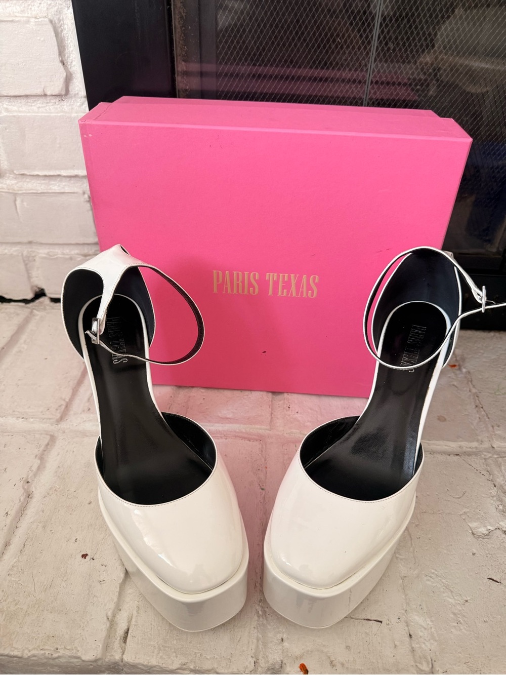 Paris Texas White Patent Platform Ankle-Strap Pumps with Black Insole
